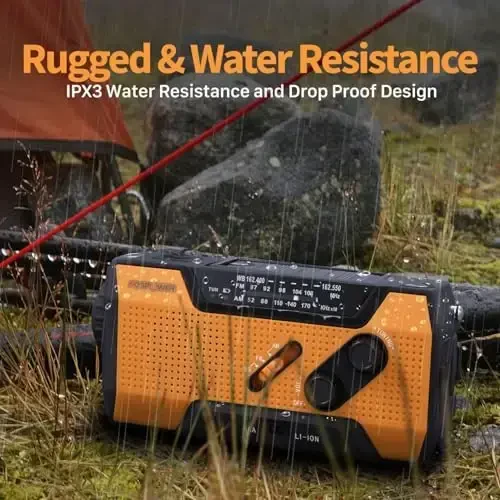FosPower NOAA Emergency Weather Radio A1 7400mWh Portable Power Bank, AM/FM, USB/Solar/Hand Crank Charging, Battery Operated, SOS Alarm & Flashlight for Indoor/Outdoor Emergency - Orange - 6