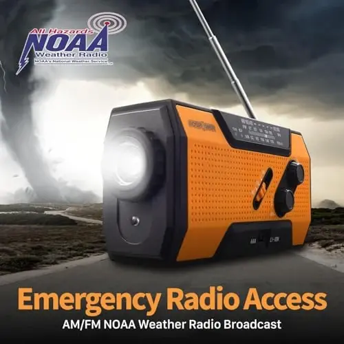 FosPower NOAA Emergency Weather Radio A1 7400mWh Portable Power Bank, AM/FM, USB/Solar/Hand Crank Charging, Battery Operated, SOS Alarm & Flashlight for Indoor/Outdoor Emergency - Orange - 4