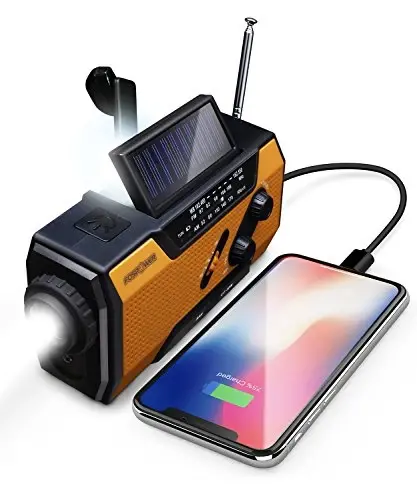FosPower NOAA Favqulodda Ob-Havo Radiosi A1 7400mWh Portativ Quvvat Banki, AM/FM, USB/Quyosh/Qo'lda Zaryadlash, Batareya bilan Ishlaydi, SOS Signal va Ichki/Tashqi Favqulodda Vaziyatlar uchun Chiroq - Apelsin 