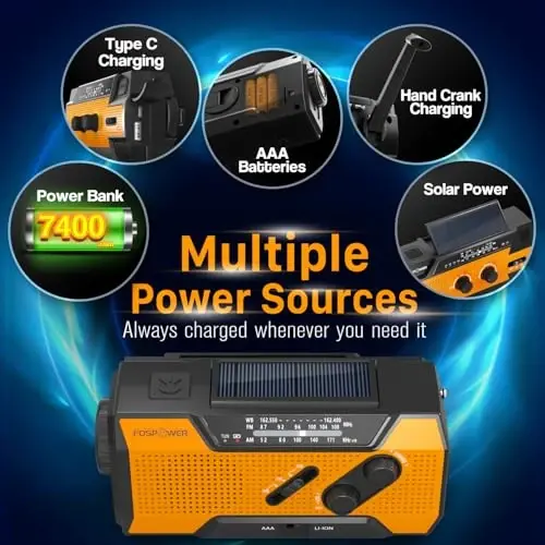 FosPower NOAA Favqulodda Ob-Havo Radiosi A1 7400mWh Portativ Quvvat Banki, AM/FM, USB/Quyosh/Qo'lda Zaryadlash, Batareya bilan Ishlaydi, SOS Signal va Ichki/Tashqi Favqulodda Vaziyatlar uchun Chiroq - Apelsin - FOSPOWER (1)