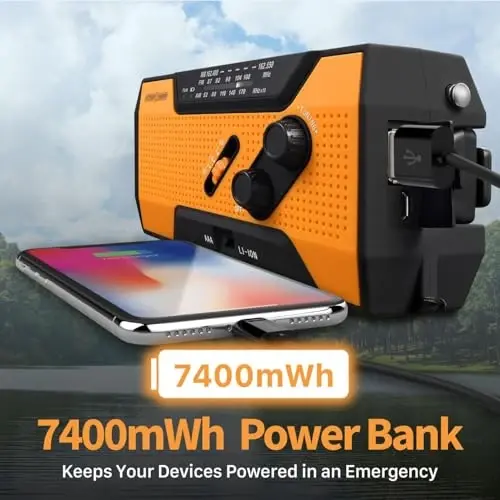 FosPower NOAA Favqulodda Ob-Havo Radiosi A1 7400mWh Portativ Quvvat Banki, AM/FM, USB/Quyosh/Qo'lda Zaryadlash, Batareya bilan Ishlaydi, SOS Signal va Ichki/Tashqi Favqulodda Vaziyatlar uchun Chiroq - Apelsin - 3