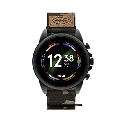 Fossil erkaklar uchun Gen 6 44mm zanglamaydigan po'lat va пробkа sensorli ekranli aqlli soat, zanglamaydigan po'lat, rangi: qora, kamuflaj (Model: FTW4063V) - FOSSIL