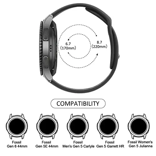 Silicone Band for Fossil Men's Gen 6/5E 44mm/Gen 5 Carlyle/Garrett/Women's Julianna Smart Watch, 22mm Adjustable Soft Silicone Sport Strap Replacement Band for Women Men (Black) - 2