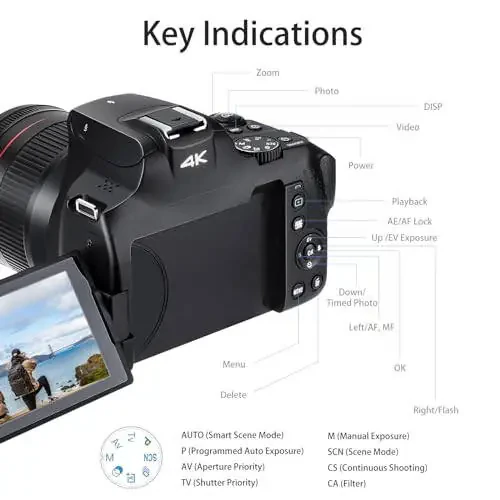Foto va video uchun 4K raqamli kamera, 12X optik zumli aylanuvchi ekranli kamera, 64MP WiFi sensorli ekranli vlogging kamerasi, 64GB SD karta, 1700mAH batareya - qora - 5