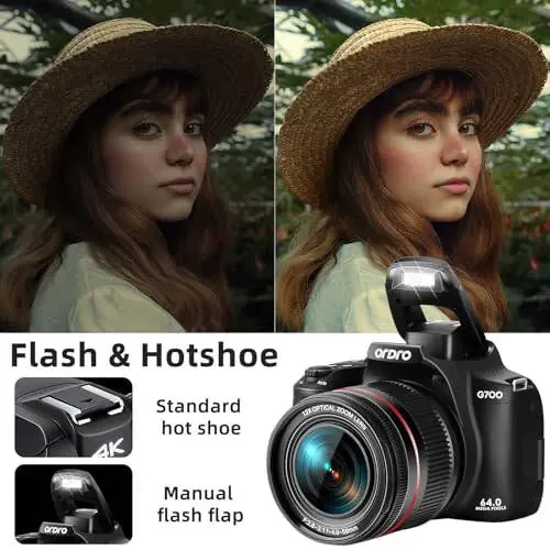 Foto va video uchun 4K raqamli kamera, 12X optik zumli aylanuvchi ekranli kamera, 64MP WiFi sensorli ekranli vlogging kamerasi, 64GB SD karta, 1700mAH batareya - qora - 7