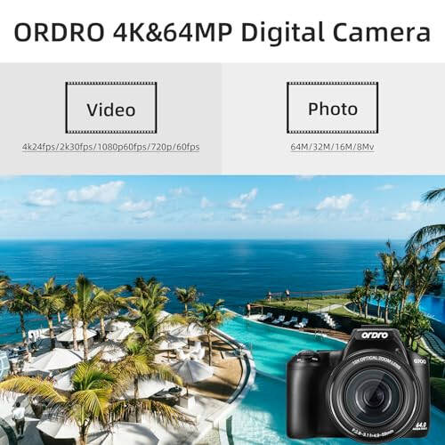 Foto va video uchun 4K raqamli kamera, 12X optik zumli aylanuvchi ekranli kamera, 64MP WiFi sensorli ekranli vlogging kamerasi, 64GB SD karta, 1700mAH batareya - qora - 1