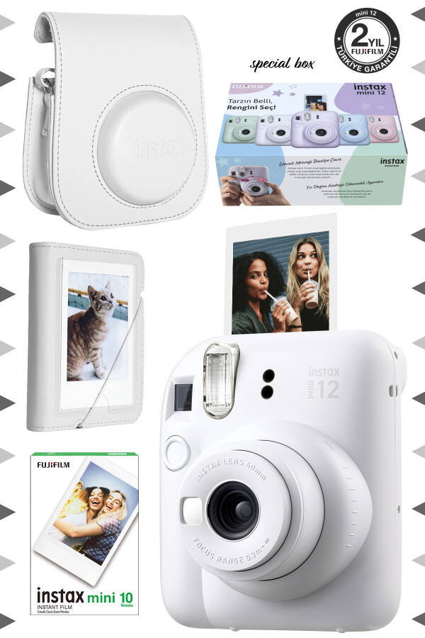 Фотоаппарат Instax mini 12 Белый - Плёнка 10 шт. - Мини-альбом и кожаный чехол - 1