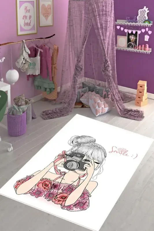 Фотограф Девушка С Рисунком Цветов Цифровая Печать Моющаяся Нескользящая Подошва Детская Комната Ковер Для Девочек-Розовый - Modazone