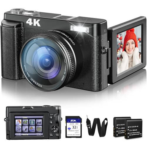 Fotoğraf ve Video İçin 4K Dijital Kamera, 48MP Vlogging Kamerası SD Kart Otomatik Odaklama Titreşim Önleyici, 3'' 180° Döndürülebilir Ekranlı Dijital Kamera Flaşlı 16X Zoom, Seyahat İçin Kompakt Kamera (2 Pil) - 1