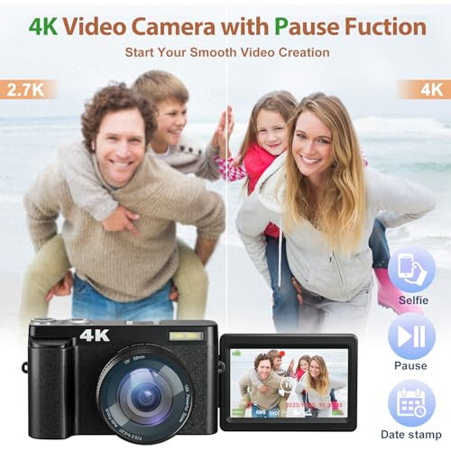 Fotoğraf ve Video İçin 4K Dijital Kamera, 48MP Vlogging Kamerası SD Kart Otomatik Odaklama Titreşim Önleyici, 3'' 180° Döndürülebilir Ekranlı Dijital Kamera Flaşlı 16X Zoom, Seyahat İçin Kompakt Kamera (2 Pil) - 3