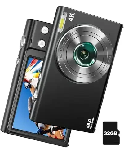 4K Digital Camera for Photography and Video Autofocus Anti-Shake, 16X Zoom 48MP Point Shoot Camera Camera for Teens Adult Beginner with 32GB Card, 2 Batteries, Charger(Black) - IGXHAVIZ