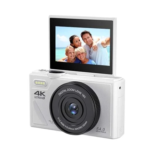 64MP Digital Camera for Photography and Video: 4K Vlogging Camera for YouTube with 3'' Flip Screen and 32GB TF Card, 16X Zoom Digital Camera for Gift (White) - PORTWORLD