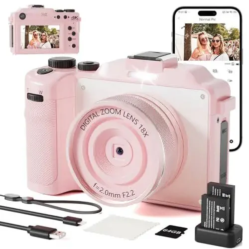 4K Digital Camera for Photography 64MP Autofocus Vlogging WiFi Camera for YouTube Video Compact Travel Vintage Point Shoot Cameras with 16X Zoom, 64GB Card, Selfie Lens, 2 Batteries+Charger(Pink) - 13