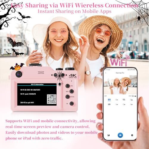 4K Digital Camera for Photography 64MP Autofocus Vlogging WiFi Camera for YouTube Video Compact Travel Vintage Point Shoot Cameras with 16X Zoom, 64GB Card, Selfie Lens, 2 Batteries+Charger(Pink) - 9