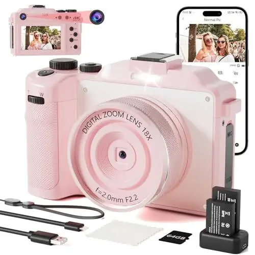 4K Digital Camera for Photography 64MP Autofocus Vlogging WiFi Camera for YouTube Video Compact Travel Vintage Point Shoot Cameras with 16X Zoom, 64GB Card, Selfie Lens, 2 Batteries+Charger(Pink) - 1