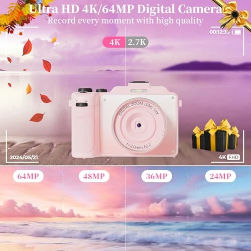4K Digital Camera for Photography 64MP Autofocus Vlogging WiFi Camera for YouTube Video Compact Travel Vintage Point Shoot Cameras with 16X Zoom, 64GB Card, Selfie Lens, 2 Batteries+Charger(Pink) - ceye (1)