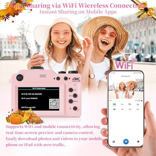 4K Digital Camera for Photography 64MP Autofocus Vlogging WiFi Camera for YouTube Video Compact Travel Vintage Point Shoot Cameras with 16X Zoom, 64GB Card, Selfie Lens, 2 Batteries+Charger(Pink) - 3