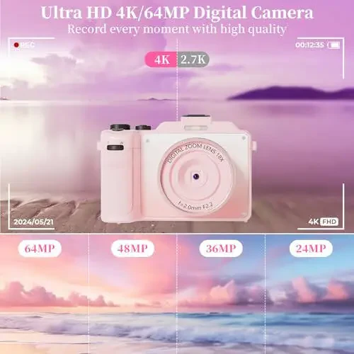4K Digital Camera for Photography 64MP Autofocus Vlogging WiFi Camera for YouTube Video Compact Travel Vintage Point Shoot Cameras with 16X Zoom, 64GB Card, Selfie Lens, 2 Batteries+Charger(Pink) - 14