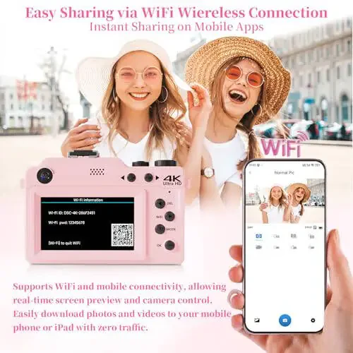 4K Digital Camera for Photography 64MP Autofocus Vlogging WiFi Camera for YouTube Video Compact Travel Vintage Point Shoot Cameras with 16X Zoom, 64GB Card, Selfie Lens, 2 Batteries+Charger(Pink) - 15
