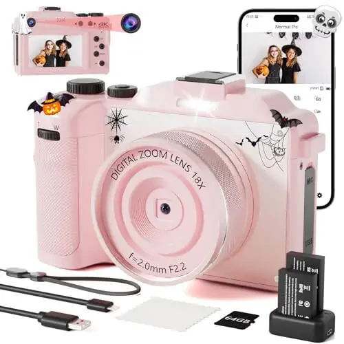 4K Digital Camera for Photography 64MP Autofocus Vlogging WiFi Camera for YouTube Video Compact Travel Vintage Point Shoot Cameras with 16X Zoom, 64GB Card, Selfie Lens, 2 Batteries+Charger(Pink) - 7