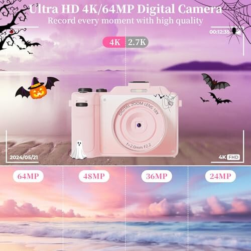 4K Digital Camera for Photography 64MP Autofocus Vlogging WiFi Camera for YouTube Video Compact Travel Vintage Point Shoot Cameras with 16X Zoom, 64GB Card, Selfie Lens, 2 Batteries+Charger(Pink) - 8