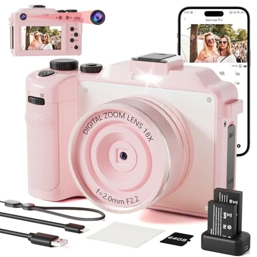 4K Digital Camera for Photography 64MP Autofocus Vlogging WiFi Camera for YouTube Video Compact Travel Vintage Point Shoot Cameras with 16X Zoom, 64GB Card, Selfie Lens, 2 Batteries+Charger(Pink) 