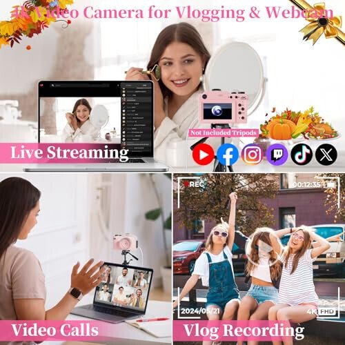 4K Digital Camera for Photography 64MP Autofocus Vlogging WiFi Camera for YouTube Video Compact Travel Vintage Point Shoot Cameras with 16X Zoom, 64GB Card, Selfie Lens, 2 Batteries+Charger(Pink) - 5