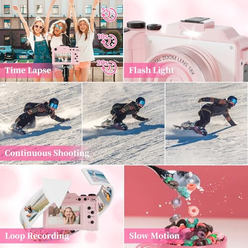 4K Digital Camera for Photography 64MP Autofocus Vlogging WiFi Camera for YouTube Video Compact Travel Vintage Point Shoot Cameras with 16X Zoom, 64GB Card, Selfie Lens, 2 Batteries+Charger(Pink) - 19