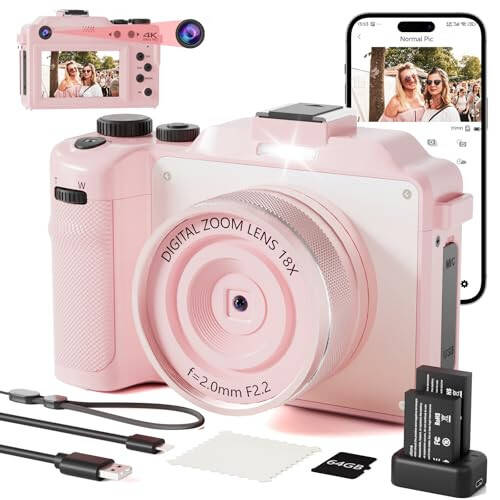 4K Digital Camera for Photography 64MP Autofocus Vlogging WiFi Camera for YouTube Video Compact Travel Vintage Point Shoot Cameras with 16X Zoom, 64GB Card, Selfie Lens, 2 Batteries+Charger(Pink) - 18
