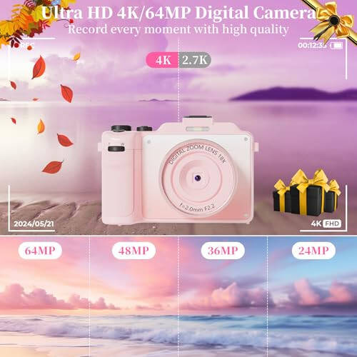 4K Digital Camera for Photography 64MP Autofocus Vlogging WiFi Camera for YouTube Video Compact Travel Vintage Point Shoot Cameras with 16X Zoom, 64GB Card, Selfie Lens, 2 Batteries+Charger(Pink) - 2