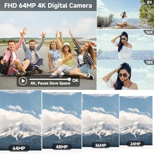 4K Digital Camera For photography, 64MP WiFi Autofoucs Vlogging Camera for Youtube, 4K Video Compact Travel Point Shoot Cameras with Flash, Selfie Lens, 64GB Card, 18X Zoom, 2 Batteries+Charger(Black) - ceye