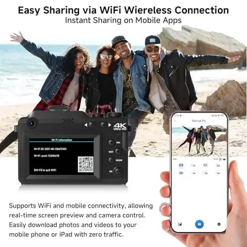 4K Digital Camera For photography, 64MP WiFi Autofoucs Vlogging Camera for Youtube, 4K Video Compact Travel Point Shoot Cameras with Flash, Selfie Lens, 64GB Card, 18X Zoom, 2 Batteries+Charger(Black) - 2