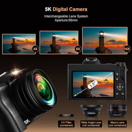 Fotoğrafçılık İçin 5K Dijital Kamera, WiFi Otomatik Odaklama Vlogging Video Kamerası YouTube İçin 32GB SD Kart, 6 Eksenli Titreşim Önleyici 3.5'' Ekran Doldurma Işığı 5K Kamera 58mm UV Filtre, 16X Dijital Zoom Kamera - 6