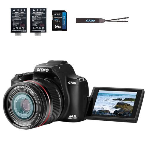 64MP Digital Camera for Photography, 4K Vlogging Cameras for YouTube with 3” Flip Screen,12X Optical Zoom & 30X Digital Zoom, 64GB Card, WiFi& Autofocus with Flash, 2 Batteries - 1