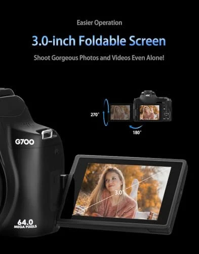 64MP Digital Camera for Photography, 4K Vlogging Cameras for YouTube with 3” Flip Screen,12X Optical Zoom & 30X Digital Zoom, 64GB Card, WiFi& Autofocus with Flash, 2 Batteries - 4