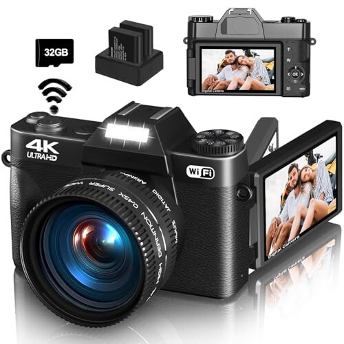 Fotoğrafçılık İçin Dijital Kamera, 4K 48MP Vlogging Kamerası YouTube İçin WiFi ile, 3 inç 180 Derece Döndürülebilir Ekran, 16X Dijital Zoom, 52mm Geniş Açı ve Makro Lens, 32GB TF Kart ve 2 Pil (Siyah) - 11