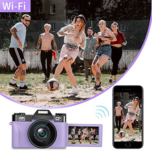 Fotoğrafçılık İçin Dijital Kamera, 4K 48MP Vlogging Kamerası YouTube İçin WiFi ile, 3 inç 180 Derece Döner Ekran, 16x Dijital Zoom, 52mm Geniş Açı ve Makro Lens, 32GB TF Kart ve 2 Pil (Mor) - 12