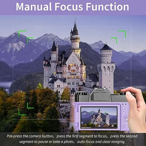 Digital Cameras for Photography, 4K 56MP Vlogging Camera 16X Digital Zoom Manual Focus Rechargeable Students Compact Camera with 52mm Wide-Angle & Macro Lens, 32G TF Card and 2 Batteries(Purple) - 5