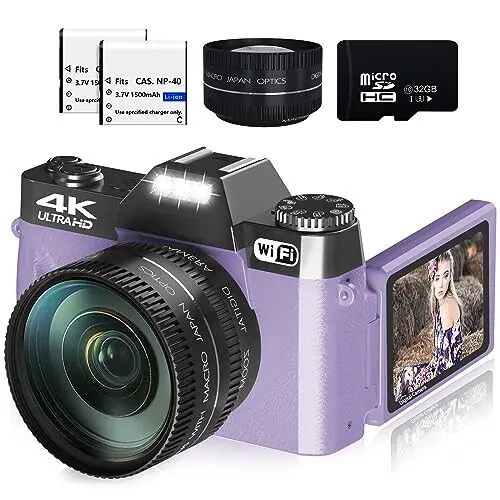 Digital Cameras for Photography, 4K 56MP Vlogging Camera 16X Digital Zoom Manual Focus Rechargeable Students Compact Camera with 52mm Wide-Angle & Macro Lens, 32G TF Card and 2 Batteries(Purple) - Digital