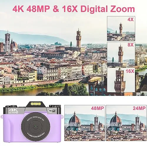Digital Cameras for Photography, 4K 56MP Vlogging Camera 16X Digital Zoom Manual Focus Rechargeable Students Compact Camera with 52mm Wide-Angle & Macro Lens, 32G TF Card and 2 Batteries(Purple) - Digital (1)