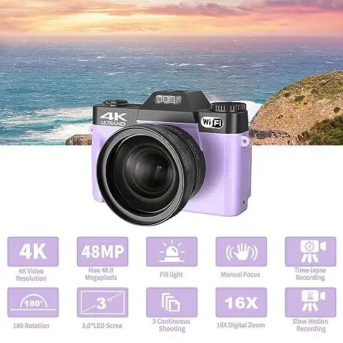 Digital Cameras for Photography, 4K 56MP Vlogging Camera 16X Digital Zoom Manual Focus Rechargeable Students Compact Camera with 52mm Wide-Angle & Macro Lens, 32G TF Card and 2 Batteries(Purple) - 3