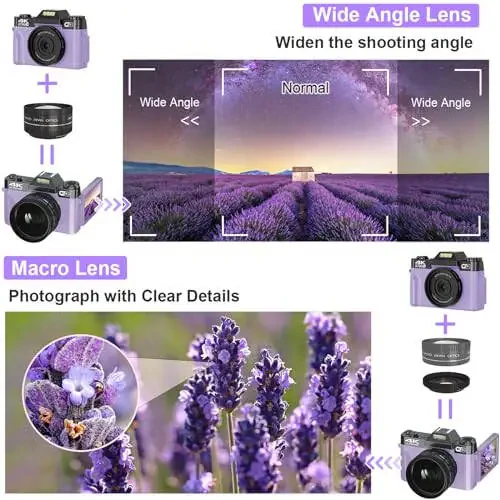 Digital Cameras for Photography, 4K 56MP Vlogging Camera 16X Digital Zoom Manual Focus Rechargeable Students Compact Camera with 52mm Wide-Angle & Macro Lens, 32G TF Card and 2 Batteries(Purple) - 4
