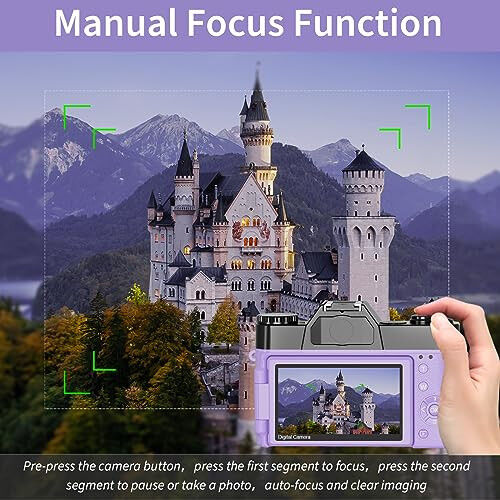 Digital Cameras for Photography, 4K 56MP Vlogging Camera 16X Digital Zoom Manual Focus Rechargeable Students Compact Camera with 52mm Wide-Angle & Macro Lens, 32G TF Card and 2 Batteries(Purple) - 5