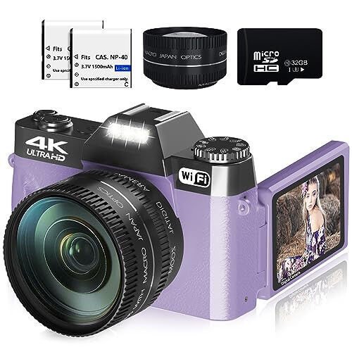 Digital Cameras for Photography, 4K 56MP Vlogging Camera 16X Digital Zoom Manual Focus Rechargeable Students Compact Camera with 52mm Wide-Angle & Macro Lens, 32G TF Card and 2 Batteries(Purple) 