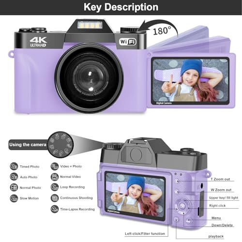 Digital Cameras for Photography, 4K 56MP Vlogging Camera 16X Digital Zoom Manual Focus Rechargeable Students Compact Camera with 52mm Wide-Angle & Macro Lens, 32G TF Card and 2 Batteries(Purple) - 6