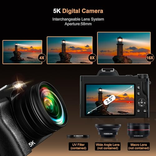 Fotografiya uchun 5K raqamli kamera, YouTube uchun 32 Gb SD karta bilan Wi-Fi avtofokusli vlog video kamerasi, 6 o'qli anti-tebranish 3.5'' ekranli to'ldirish yorug'ligi 5K kamera 58 mmli UV filtri bilan, 16x raqamli zumli kamera - 6