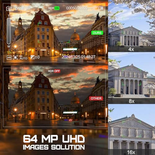 Fotografiya uchun 64MP raqamli kameralar, Avtofokus, YouTube uchun lentalarni suratga olish uchun 4K kamera, tasma va tripod bilan, 16X Anti-silkinish ixcham sayohat kamerasi, Wi-Fi va ilova boshqaruvi bilan, SD karta, 2 batareya - 2