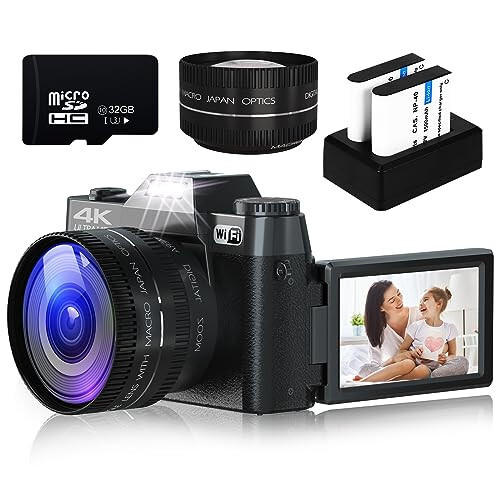 Fotografiya uchun raqamli kamera, 4K 48MP Vlogging kamerasi YouTube uchun WiFi bilan, 3 dyuymli 180 daraja aylanadigan ekran, 16X raqamli zum, 52mm keng burchakli va makro linza, 32GB TF karta va 2 batareya (qora) - 6