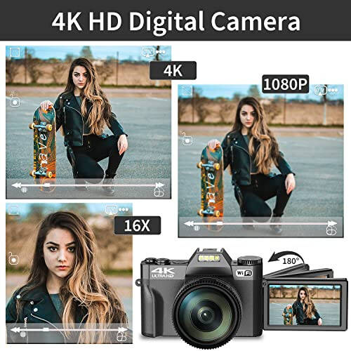 Fotografiya uchun raqamli kamera, 4K 48MP Vlogging kamerasi YouTube uchun WiFi bilan, 3 dyuymli 180 daraja aylanadigan ekran, 16X raqamli zum, 52mm keng burchakli va makro linza, 32GB TF karta va 2 batareya (qora) - 8