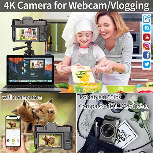 Fotografiya uchun raqamli kamera, 4K 48MP Vlogging kamerasi YouTube uchun WiFi bilan, 3 dyuymli 180 daraja aylanadigan ekran, 16X raqamli zum, 52mm keng burchakli va makro linza, 32GB TF karta va 2 batareya (qora) - 10